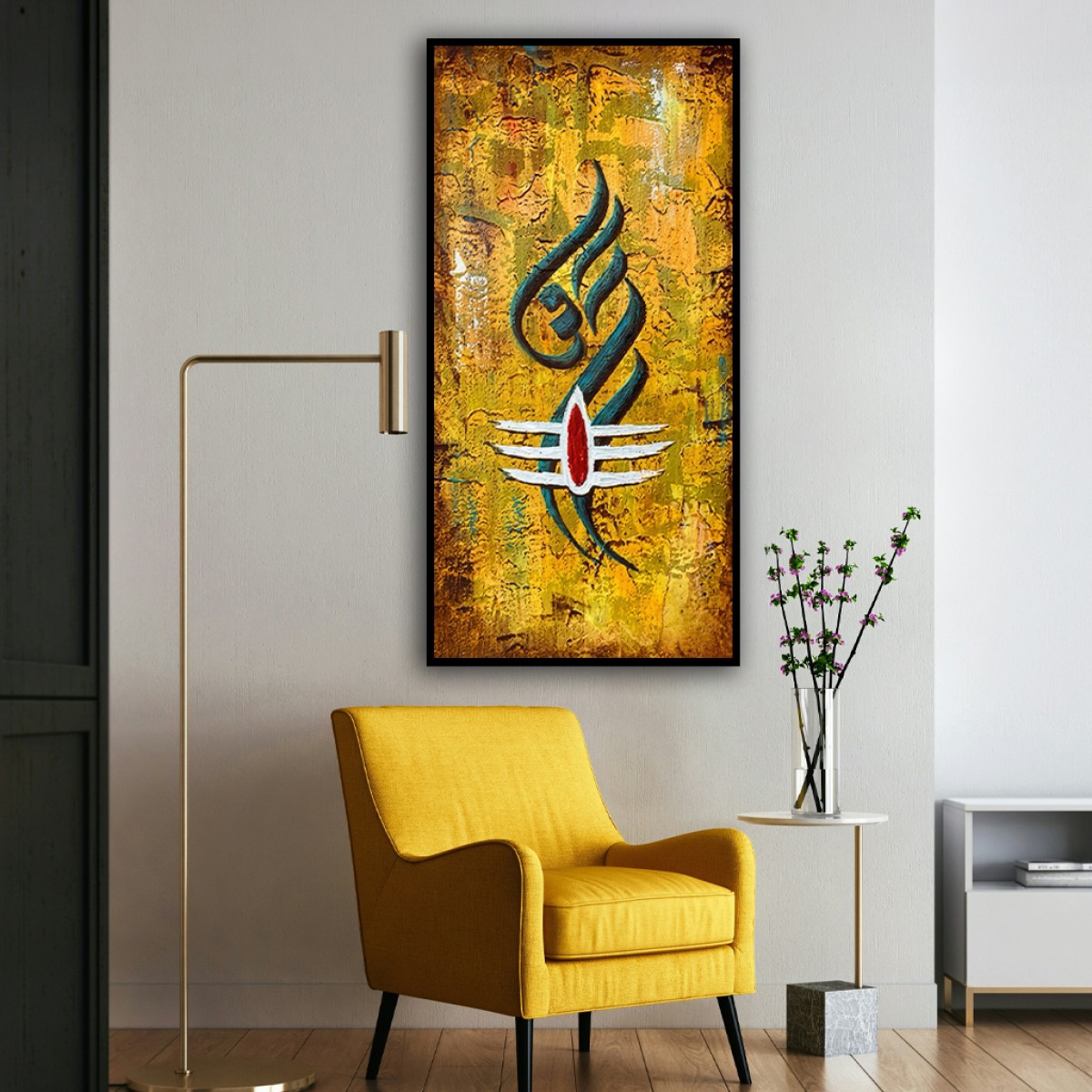 Abstract Textured Golden Om & Tripundra Shiva Canvas Art