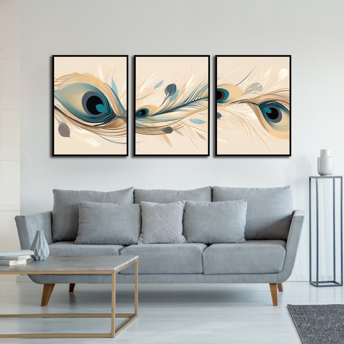 Elegant Flowing Peacock Feather Canvas Art Set (3 Pieces)