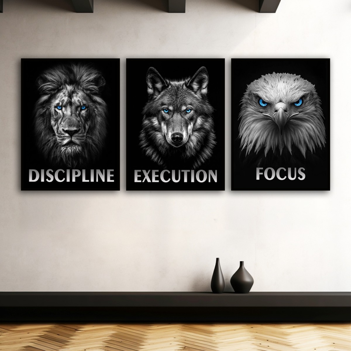 Motivational Animal Portraits "Discipline Execution Focus" Canvas Set (3 Pieces)