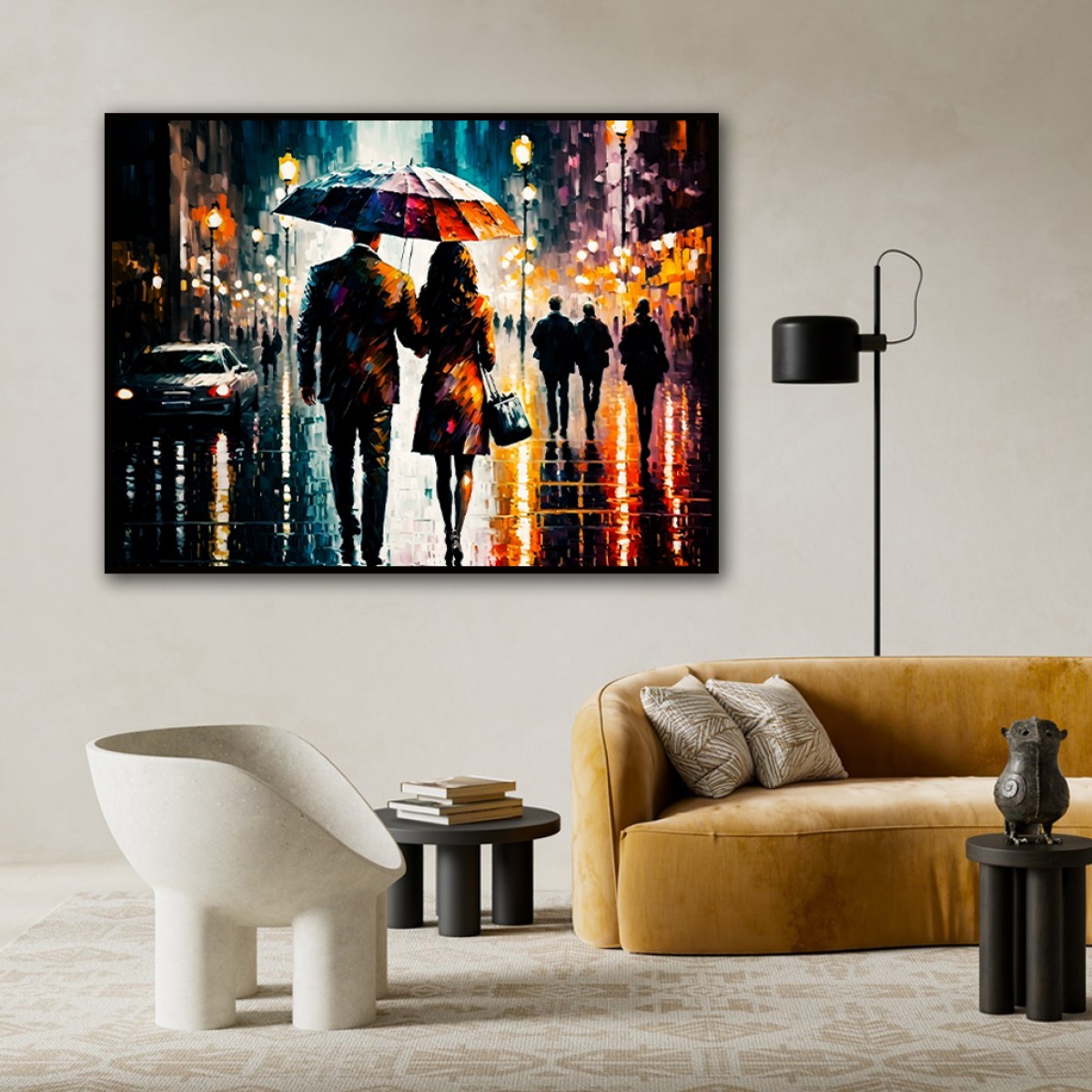 Romantic Rainy City Stroll Impasto Canvas Art