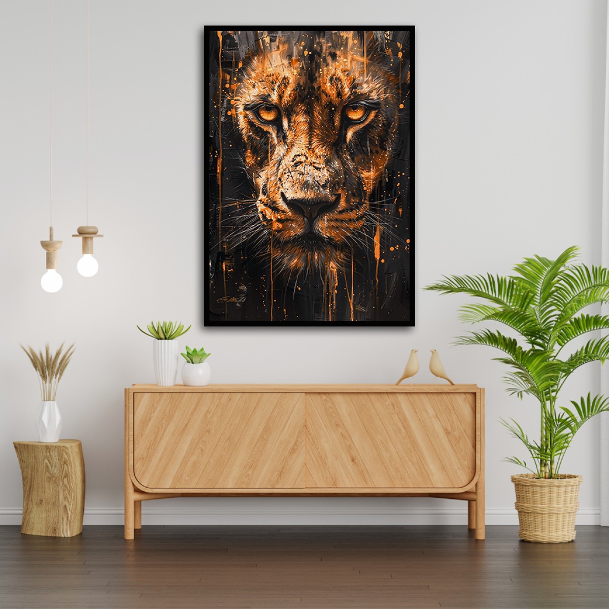 Fierce Lion Portrait Abstract Canvas Art - Black & Fiery Orange
