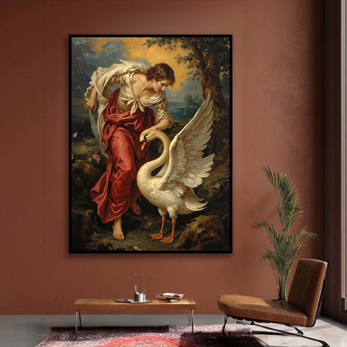 Classical Mythological Woman & Swan Vintage Canvas Painting